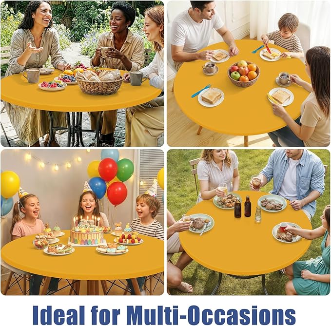 Round Spandex Tablecloth 2 Pack, Elastic Fitted Waterproof Tablecloths for 45"-56" Tables, Stretch Washable Picnic Table Cover for Camping, Dining, Indoor and Outdoor, Mustard Yellow