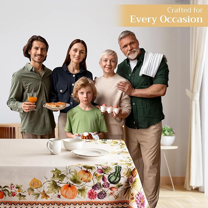 Maison d' Hermine Table Cloth Rectangle Table 100% Cotton 70 x 90 Inches Fall Tablecloth Reusable Everyday Use for Thanksgiving Christmas Decorations Dining Farmhouse (Pumpkin Garden - Cloudy Cream)