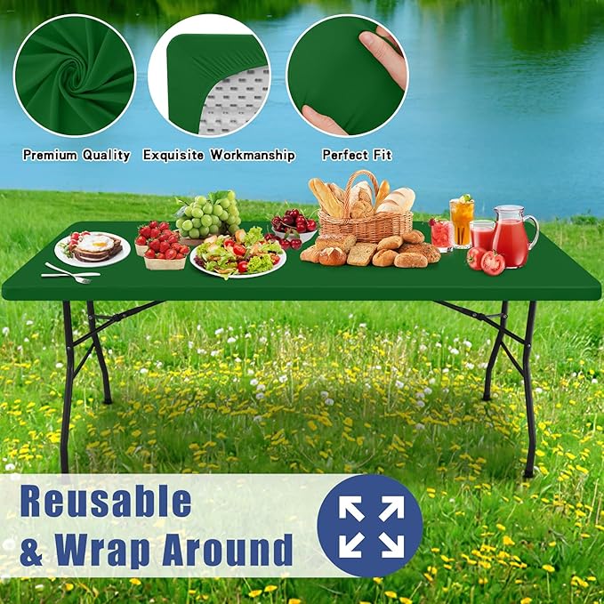 Spandex 6 Foot Rectangle Table Cloth 2 Pack, Elastic Fitted Tablecloths for Picnic, Stretch Washable Patio Table Cover for Outdoor, Camping, Banquet and Parties (Emerald Green, 30"x72")