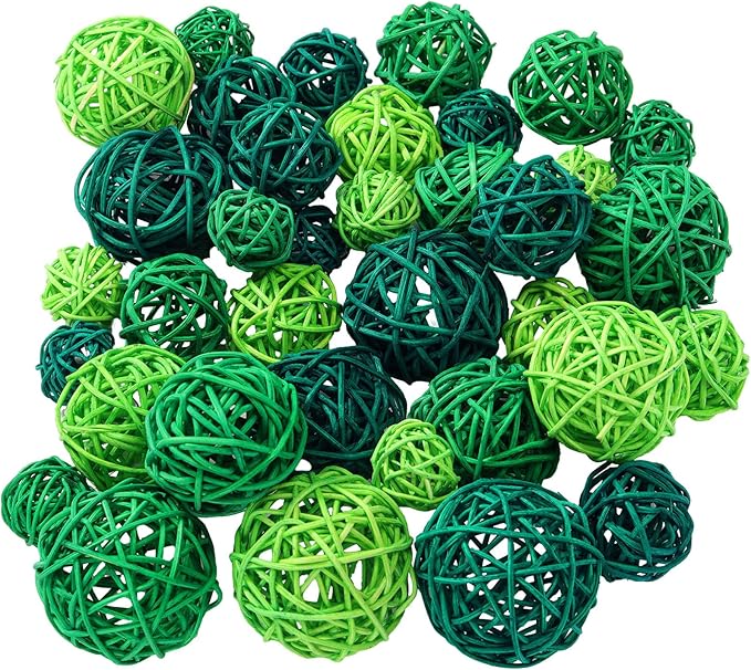 Patelai 36 Pcs Wicker Rattan Balls Decorative Balls for Vase Centerpiece Bowls Orbs Filler for Home Decor,4 Sizes (Dark Green, Grass Green, Fluorescent Green,2.4'',2'',1.6'',1.2'')