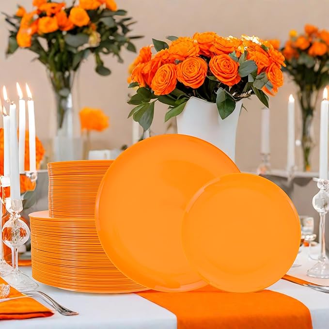 PULOTE 100PCS Orange Plastic Plates - Premium Hard Orange Disposable Include 50 Each(10.25 Inch Dinner & 7.5 Inch Dessert) Plates, Ideal for Party