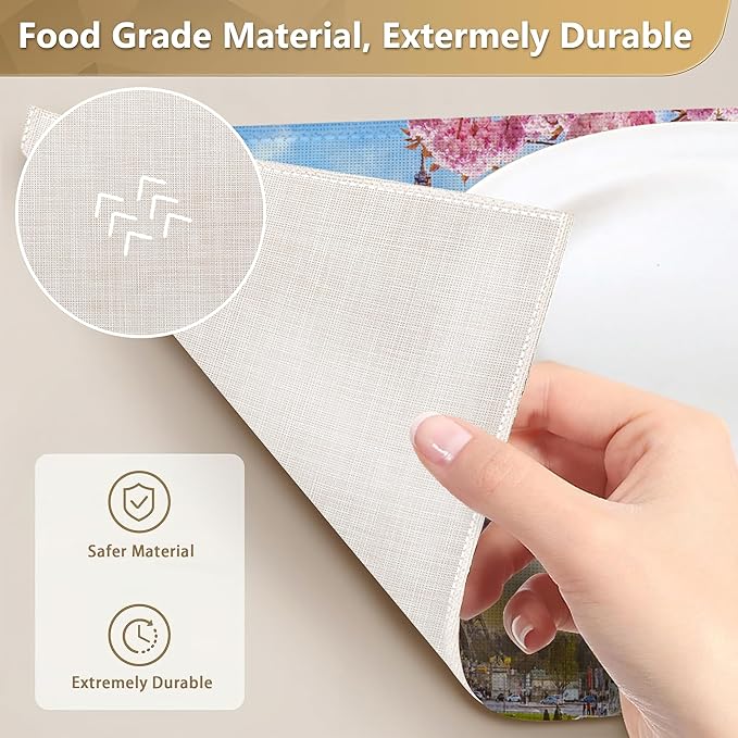 Eiffel Tower Placemats Set of 6 Linen Washable, Heat-Resistant 12x18 Inch Cherry Blossoms Table Place Mats for Kitchen Dining for Home Party Holidays