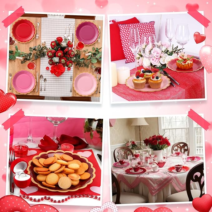 48 Pcs Valentine's Day Paper Plates 9 Inch Gradient Red Pink Scalloped Paper Plates Disposable Dinner Dessert for Valentine Anniversary Birthday Wedding Party Supplies, 6 Colors