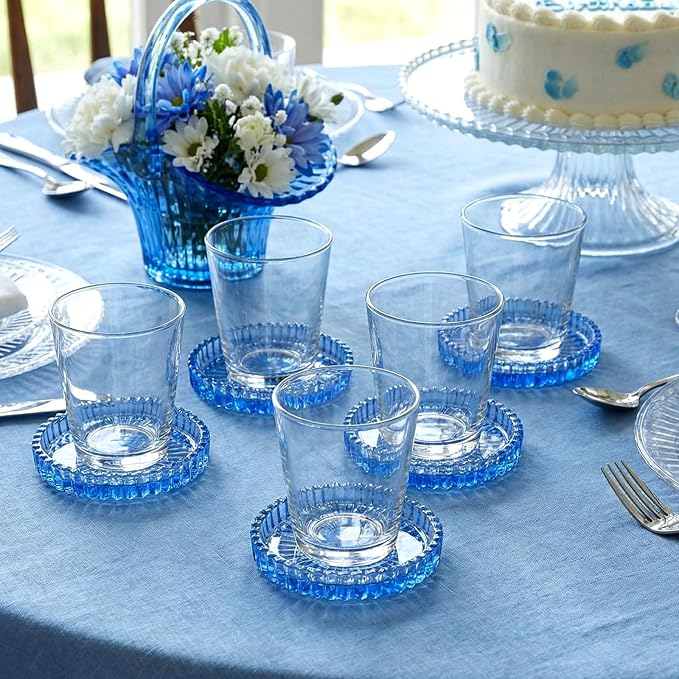 Remerry 6 Pcs Clear Crystal Coaster Set with Holder Glass Coasters for Drinks 4 Inch Drinks Crystal Round Cup Coasters Coffee Table Decor for Office Kitchen Bar Restaurant Patio (Blue)
