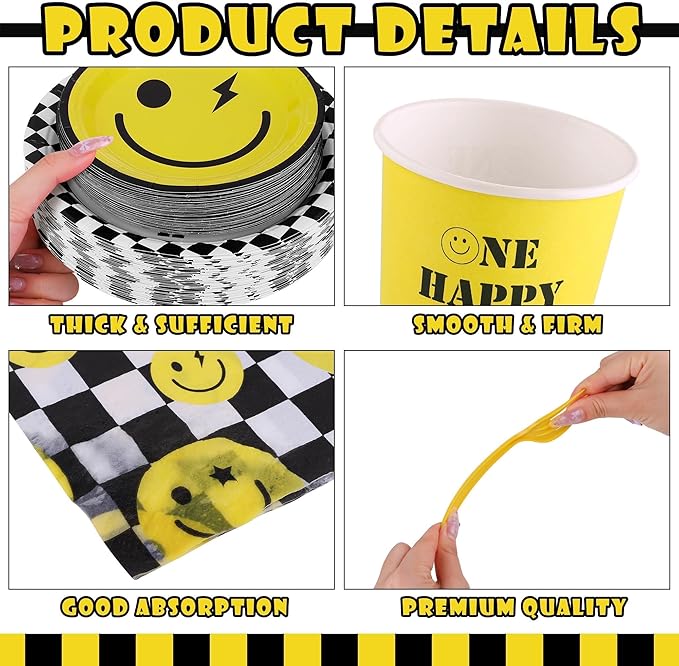 Kochorie 400 Pieces One Happy Dude Disposable Party Tableware Sets Including Plates Cups Napkins Cutlery Serves 50 for Smiley Party 1st Birthday Preppy Party Decorations