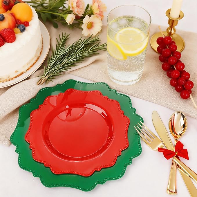 COLOSUS 100pcs Red and Green Plastic Plates, Red and Green Christmas Plastic Plates, Heavy Duty 25 Green/Red Dinner plate 10.5” and 25 Red/Green Salad/Dessert Plate 8.25” suite for Festival