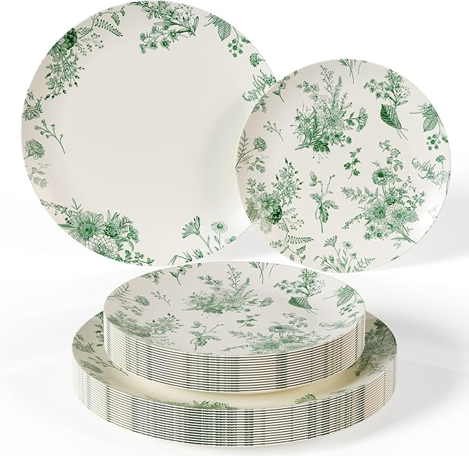Trendables 80 Piece Plastic Disposable Plates Set For 40 Guests I 40 X 8 Inch Dessert Plates & 40 X 10 Inch Wedding Party Plates | Ivory & Green Verdure Design