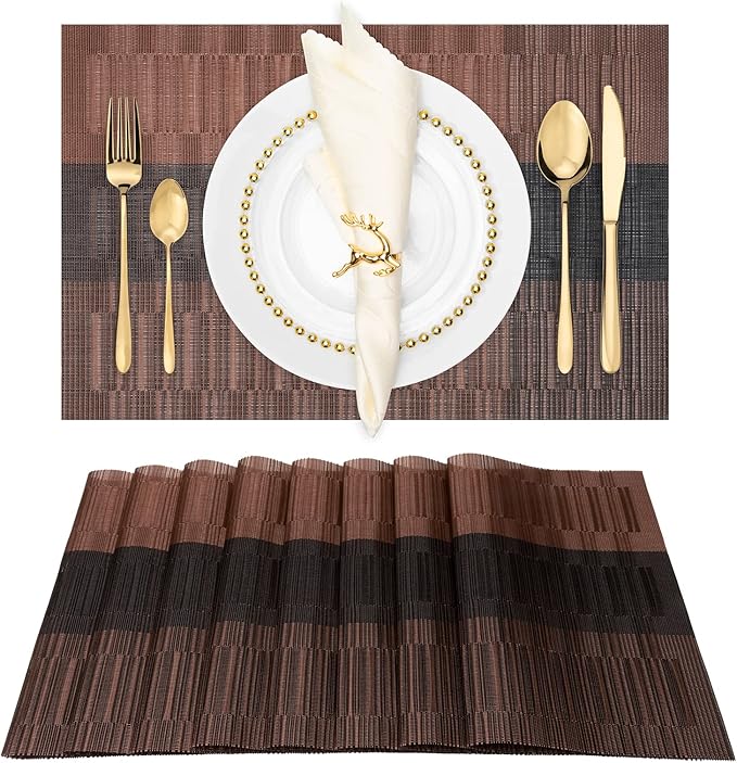 Winknowl Placemats Set of 8, Heat Resistant Non-Slip Vinyl Woven Table Mats for Dining Table, Washable Durable Elegant Place Mats for Kitchen Indoor/Outdoor Use (Coffee)