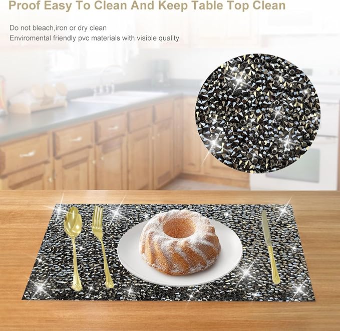Black Square Placemats - Heat Resistant, Rhinestone Decor, Set of 12