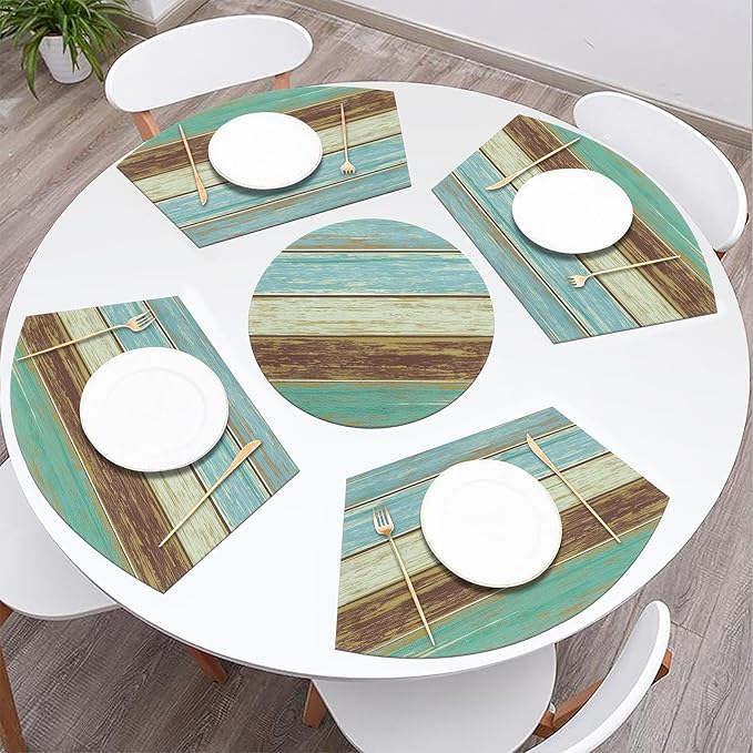 SHACOS Small Round Table Placemats Set of 5 Woven Vinyl Wedge Placemats with Centerpiece Round Table Mats Wipe Clean, Teal Brown Stripe Wood Board