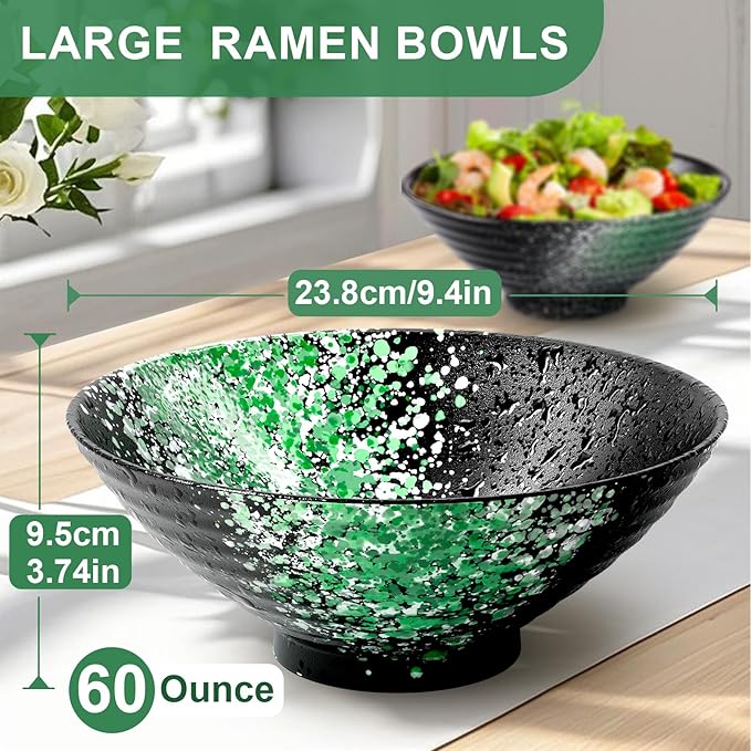 9.4Inch Ceramic Ramen Bowl Set of 4 (17 Piece) - Porcelain Japanese Salad Noodles Cereal Fruit Pasta Soup Large Bowls with Recipes Chopsticks Forks Spoons for Men Women Gift Microwave Dishwasher Safe