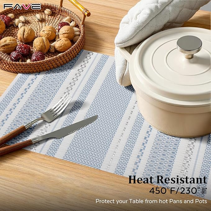 FAVE Blue Boho Vinyl Placemats Set of 4, Durable Woven Place Mats Washable Heat Resistant PVC Table Mats for Parties,Weddings, Dining,Banquet(Blue, 4PCS)