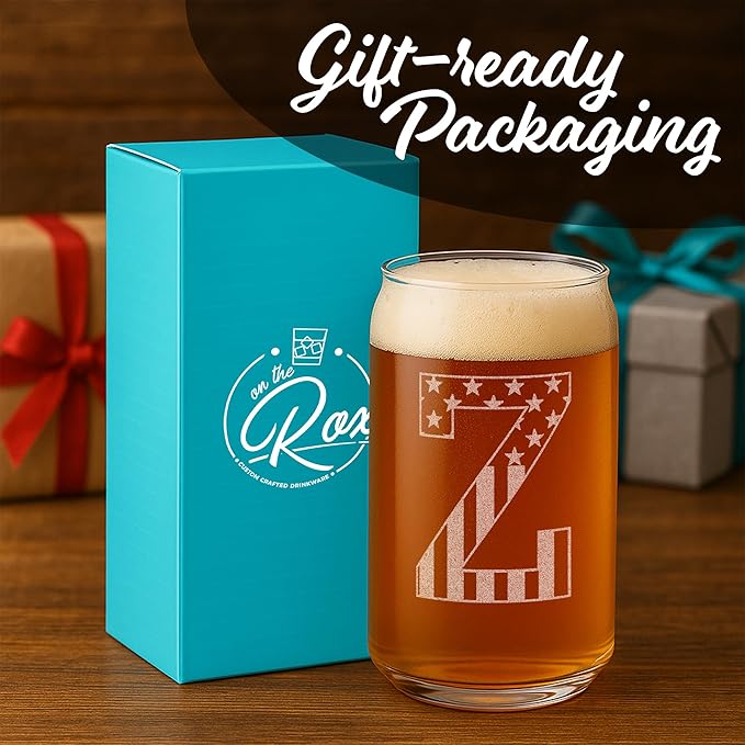 Monogram Beer Glasses for Men (A-Z) 16 oz - Beer Gifts for Men Brother Son Dad Neighbor - Unique Gifts for Him - Personalized Drinking Gift Beer Glass Mugs - Engraved Beer Can Glass (Z)