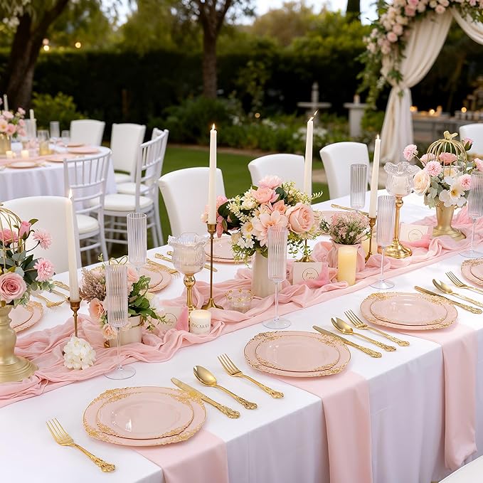 102PCS Pink Plastic Plates - Pink and Gold Plate - Heavyweight Disposable Plate with Gold Rim - Fancy Dinner & Dessert Plates for 51 Guests Weddings & Parties