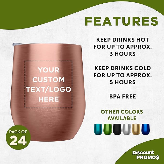 Custom Stemless Wine Glass Tumblers with Lids by Largo 11 oz. Set of 24, Personalized Bulk Pack - Perfect for Wine, Cocktails, Other Hot & Cold Beverages - Rose Gold