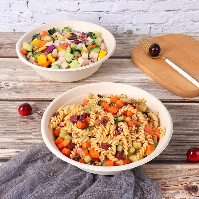 32 oz Round Disposable bowls with lids,Sugarcane Paper Bowls take away food containers Plant Fibers Freezer Safe 50 Pack