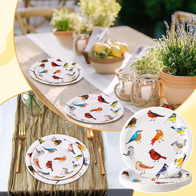48 Pcs Playful Birds Paper Plates Set Include 9 Inch and 7 Inch Colorful Little Birds Texture Disposable Plates Spring Summer Decorative Party Tableware for Home Table Party Supplies