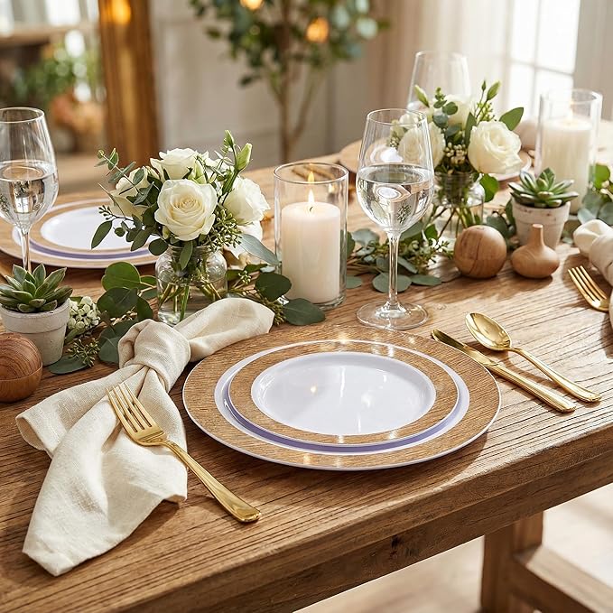 I00000 102 Pcs Wood Grain Brown Plastic Plates, Brown Party Plates Premium Plastic Disposable Plate Disposable Include 51 Dinner Platos 10" & 51 Dessert Platos 7", Elegant Wood Grain Design for Party