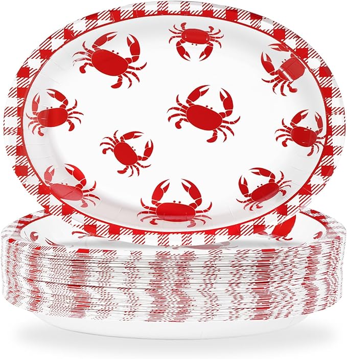 Grencian 50Pcs Crab Boil Oval Paper Plates 10"×12" Large Red Gingham Crab Party Plates Disposable Heavy Duty Summer Seafood Boil Party Supplies for BBQ Picnic Cookout Gathering Carnival Birthday Decor