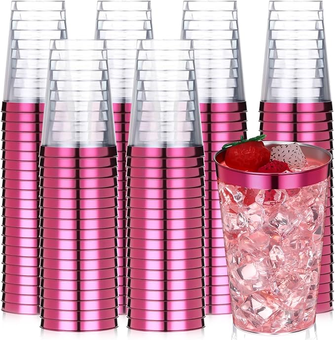 Patelai 100 Pcs Hot Pink Plastic Cups 12 oz Hot Pink Rimmed Plastic Cups Heavy Duty Wine Glasses Clear Cocktail Glasses Valentine's Day Drinking Tumblers for Party Wedding Birthday