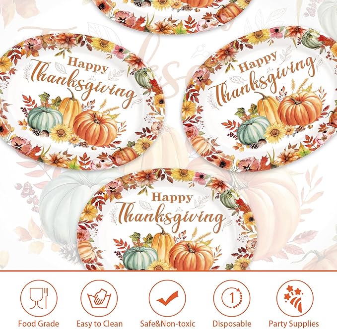 Grencian 50Pcs Thanksgiving Oval Paper Plates 12" X 10" Large Heavy Duty Disposable Fall Pumpkin Flowers Plates Autumn Give Thanks Platter for Fall Harvest Holiday Thanksgiving Party Decorations