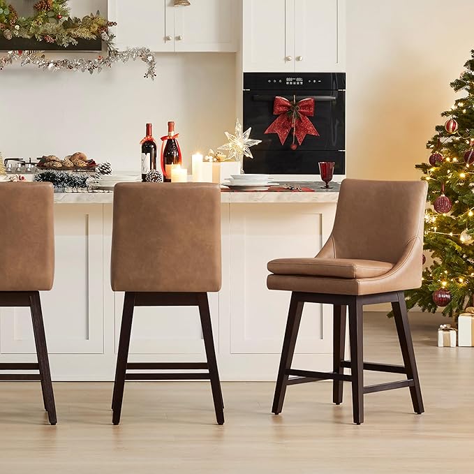 CHITA Counter Height Swivel Bar Stools Set of 3, FSC Certified Upholstered Faux Leather Barstool Chairs with Back, 26.8" H Seat Height, PU Leather in Retro Brown