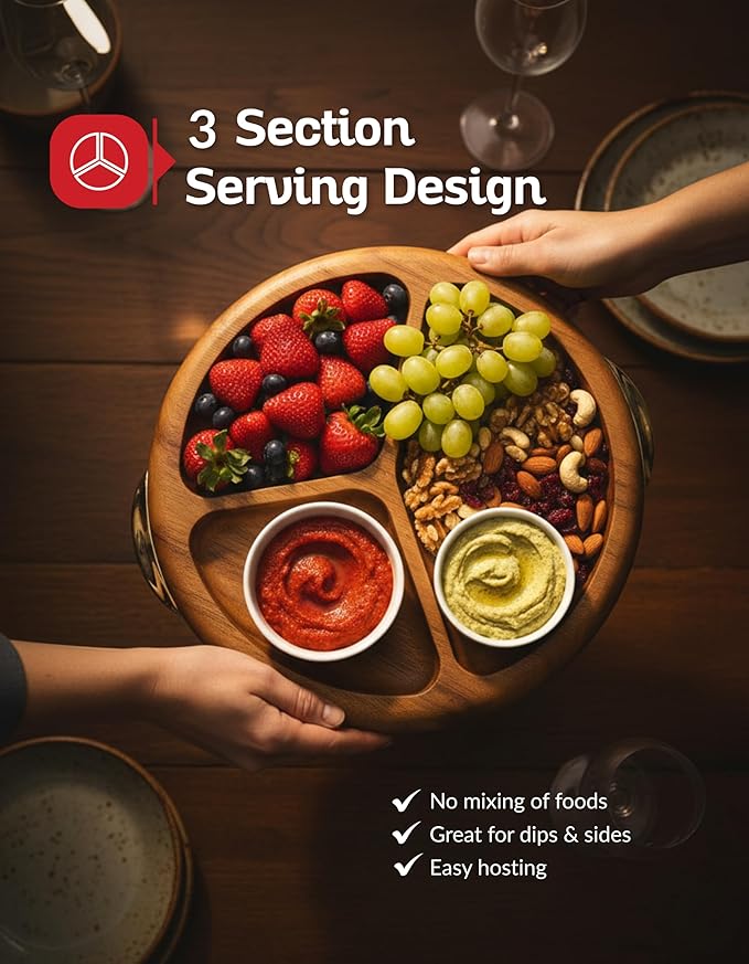 Multi-Purpose Serving Tray – Acacia Wood Round Decorative Tray with Golden Handles – Charcuterie, Snack, Breakfast, Coffee & Tea Platter for Parties & Home Decor
