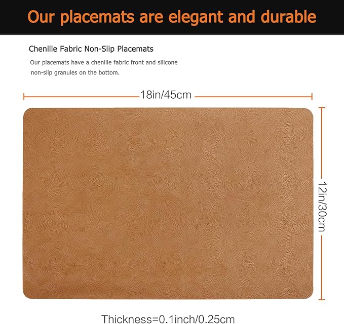 Vinyl Placemats Set of 6 Faux Leather 100% Waterproof Wipeable Washable Place Mats Heat Resistant Easy Clean Non-Slip Table Mats for Indoor Outdoor. (6, Brown)