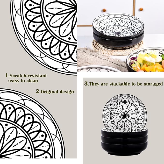 Yundu 38 Ounce Pasta Bowl Set of 4, Large Salad Serving Porcelain Bowls, Microwave Dishwasher Safe, Black