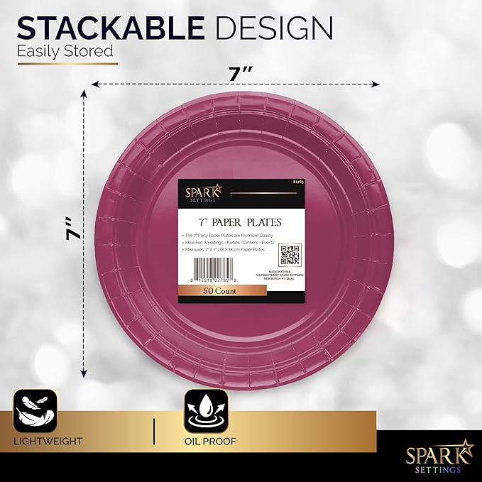 Disposable Paper Plates Burgundy, 7 Inch Paper Dessert Plates, Strong and Sturdy Disposable Plate for Party, Dinner, Holiday, Picnic, or Travel Party Plate, Pack of 50