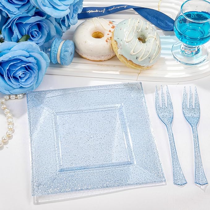 DaYammi 200 Pcs Blue Glitter Dessert Plates Including 100Pcs Appetizer Plates,100Pcs Plastic Forks,Blue Plastic Square Plate for Party,blue Disposable plates and Cake forks for Birthday Party Wedding