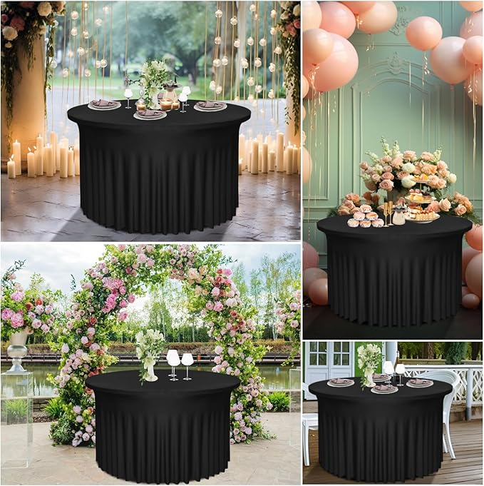 6-Pack 60" Diameter x 30" Height Black Round Table Skirts for 5FT Tables | Wrinkle & Stain Resistant Polyester Spandex Tablecloths with Elastic Fit | Ideal for Weddings, Parties, Banquets, Dining