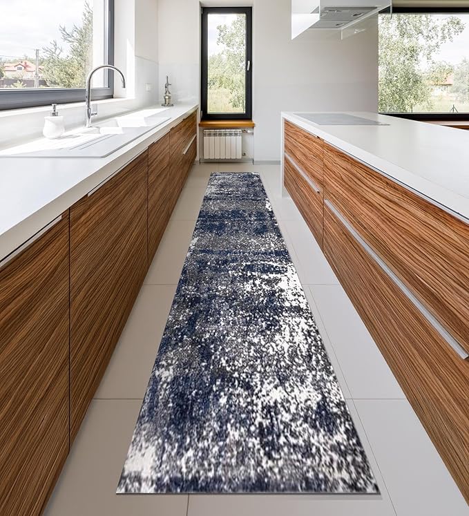 Keen Home Design Area Rugs - 2x14 Non-Shedding, Abstract Rugs for Kitchen, Living Room, Bedroom, Dining Room, Entryway - Size: 2'8" x 14', Navy/Grey/White