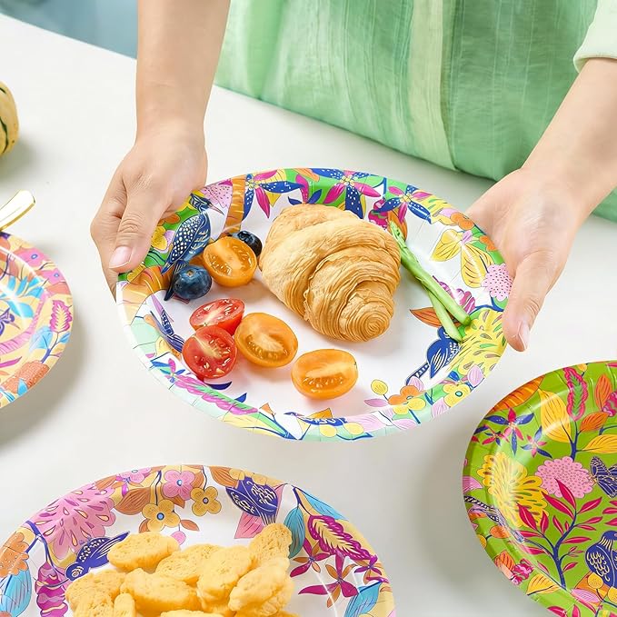MUCHII 10 Inch Paper Plates 120 Count, Floral Bird Design Disposable floral Plates for Thanksgiving Day, Wedding, Party, Dinner, Holiday - 4 Vintage Colors (30 Each)