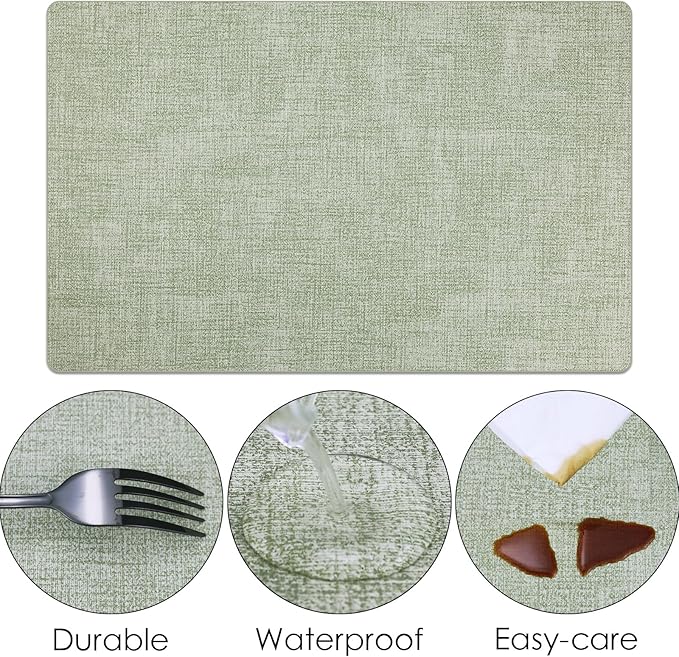 Placemats Set of 6 Faux Leather Heat Resistant Tables Mats Waterproof Oilproof Wipeable Reversible Anti-Slip Place Mats for Kitchen/Dining/Party/Outdoor 11.8" x 16.9", Light Green