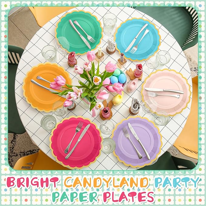 96 Pcs Candy Rainbow Paper Plates 9 Inch Pastel Scalloped Disposable Colorful Dinner Dessert Plates for Birthday Wedding Bridal Carnival Tea Party Supplies, 6 Colors