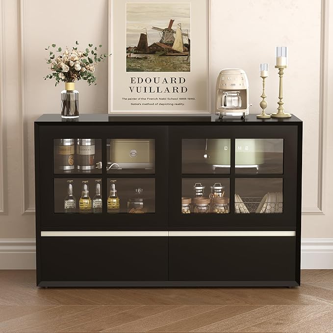 47.24" Solid Wood Storage Cabinet Organizer with Glass Doors & Drawers, Black Sideboard Buffet Cabinet for Living Room, Dining Room, Entryway, Kitchen & Home Office
