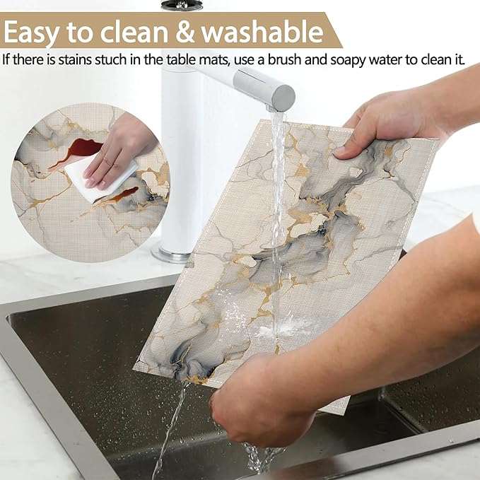 Placemats Set of 6 Abstract White Marble Texture Place Mats Washable Kitchen Dining Linen Table Mats Stain Heat, for Home Party Indoor 12x18 in