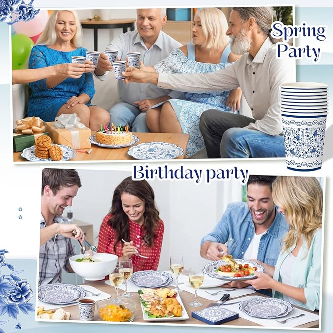 Pickmesh 250 Pcs Blue White Floral Disposable Tableware Set Blue and White Porcelain Pattern Disposable Paper Plates Napkins and Cups for Chinoiserie Baby Shower Birthday Wedding Tea Party Supplies