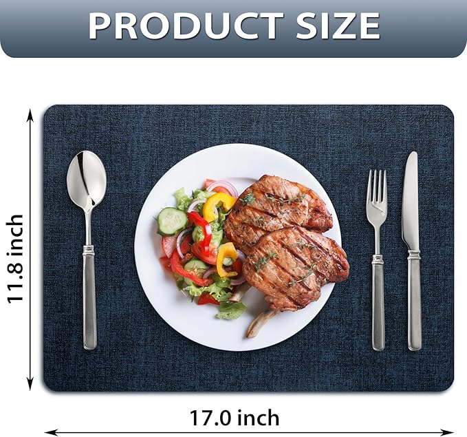 Placemats Set of 12 Washable, Heat Resistant Table Placemats Wipeable Faux Leather Place Mats Non Slip, Waterproof Square Table Mats for Indoor Outdoor, Dark Blue