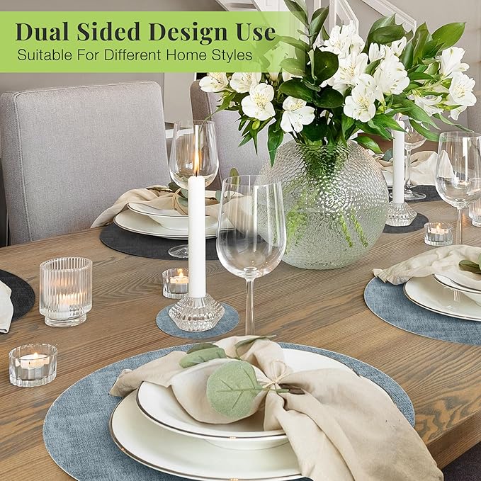 13-Inch Faux Leather Round Placemats Set of 4, Waterproof Anti-Slip Dual Sided Place mats, Heat Resistant Washable Table Mats with Coaster, Suitable for Indoor & Outdoor(4, Black Light Blue)