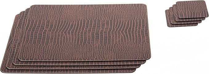 Nikalaz Set of 4 Placemats and 4 Coasters Made of Recycled Leather (18''x13'', Crocodile Embossing)