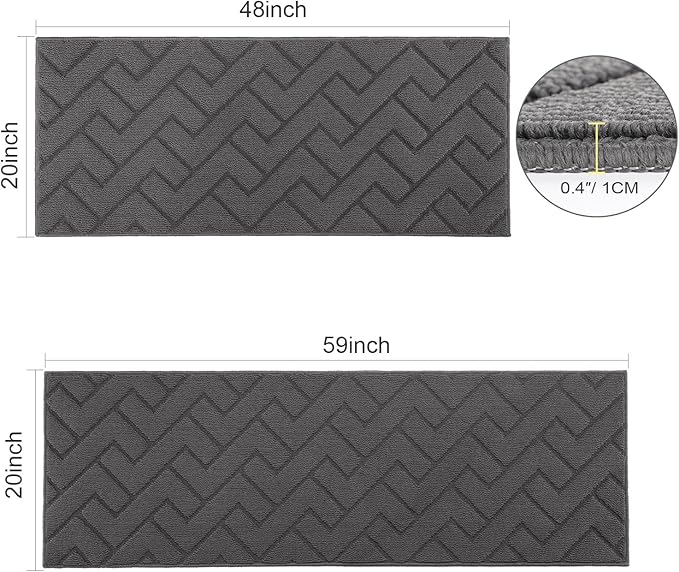 hicorfe Kitchen Rugs and Mats Sets,Non-Slip 2 Pieces Absorbent 100% Polypropylene Rug,Comfort Kitchen Runner Mat,Washable for Kitchen,Sink,Laundry(20" x 48" Plus 20" x 59",Grey)