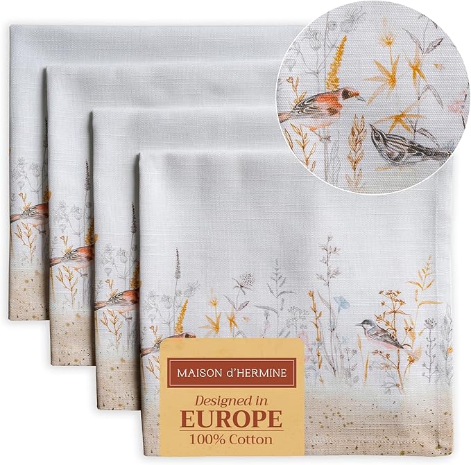 Maison d' Hermine Cloth Napkins Set of 4 100% Cotton Everyday Reusable Square Napkins Cloth Washable Dinner Wedding Valentines Day Decorations Spring/Summer (Meadow Florals - Beige, 20" x 20")