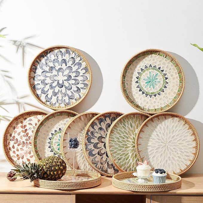 Round Rattan Tray with Mother of Pearl Inlay, Rattan Serving Tray with Wooden Base, Decorative Wicker Basket for Table Decor, Storage and Display of Coffee Bread Food Fruit (Bohemia)