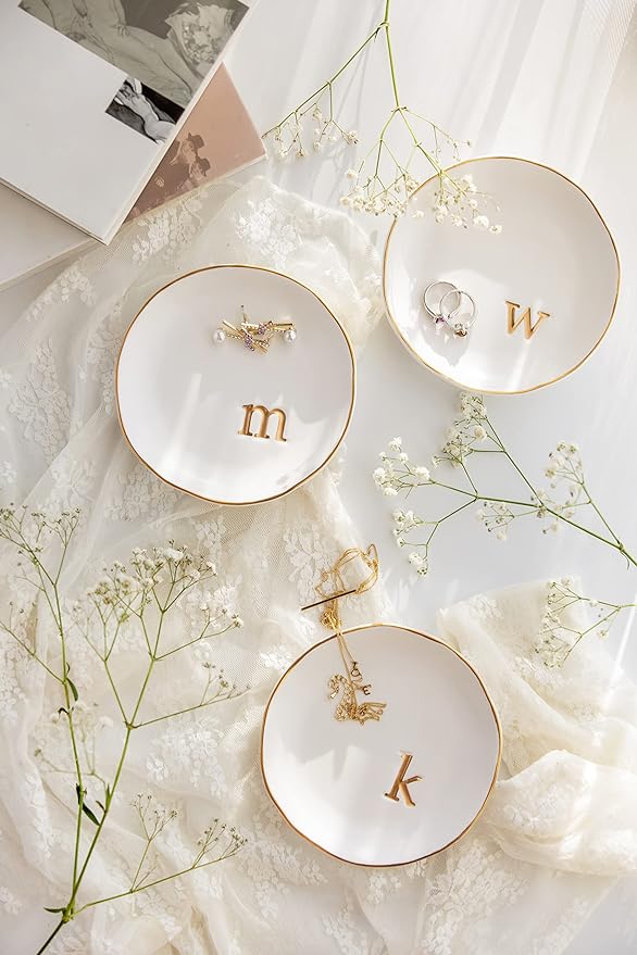 COLLECTIVE HOME - Ceramic Jewelry Tray, Decorative Trinket Dish for Rings Earrings Necklaces Bracelet Watch Keys, Birthday Mother's Day Christmas Gift for Women, 4.75", White Surface (A)