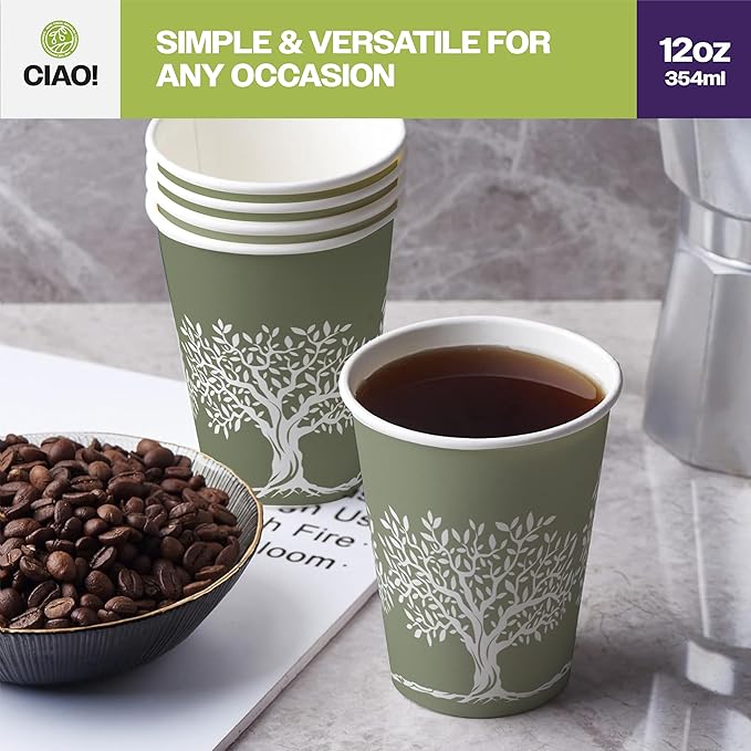 CIAO! 12oz Paper Hot Cup, Rooted Olive Print, (Case of 1,000)