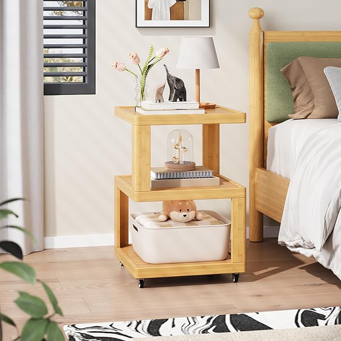 ZIYOO 3-Tier Solid Wood Mobile Side Table with Wheels, Wooden Night Stand, Unique Floating Design Storage Organizer for Bedroom, Living Room, Small Spaces, Natural Bamboo