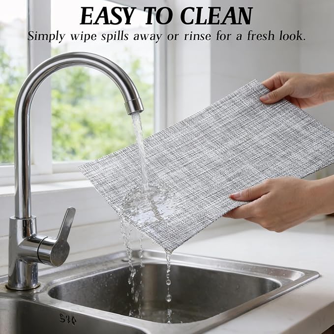 Timeet Placemats Set of 4, Heat Resistant Non-Slip Place Mats for Dining Table, Durable Washable PVC Vinyl Woven Table Mats, Linen Textured Placemats for Kitchen Resistant Easy to Clean(Gray