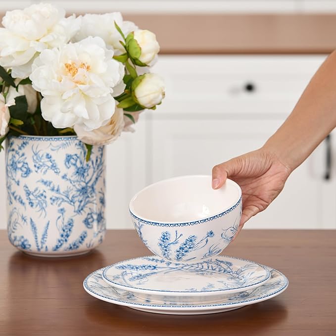 Bico Blue Garden Toile De Jouy Cereal Bowls Set of 4, 26 oz Deep Ceramic Soup Bowls for Cereal, Salad, Noodles, Kitchen, Microwave and Dishwasher Safe, Gift for Housewarming and Thanksgiving